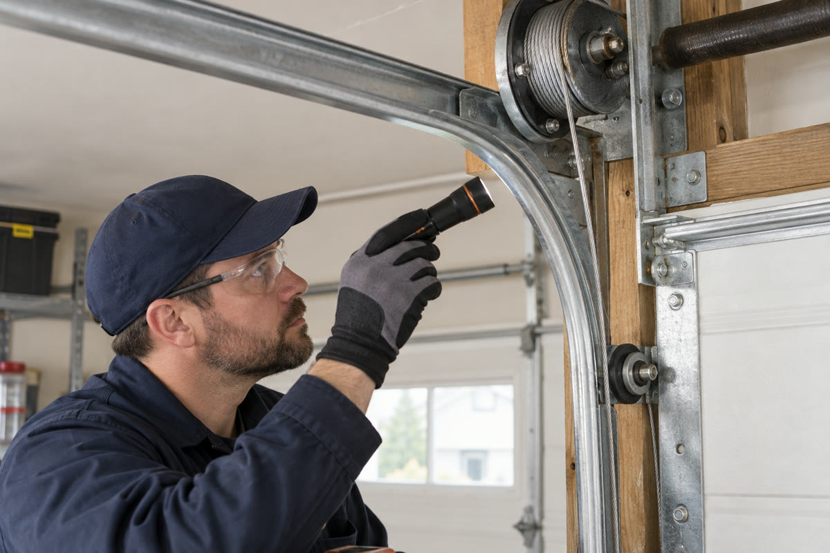 Representative close-up of a garage door cable and drum inspection