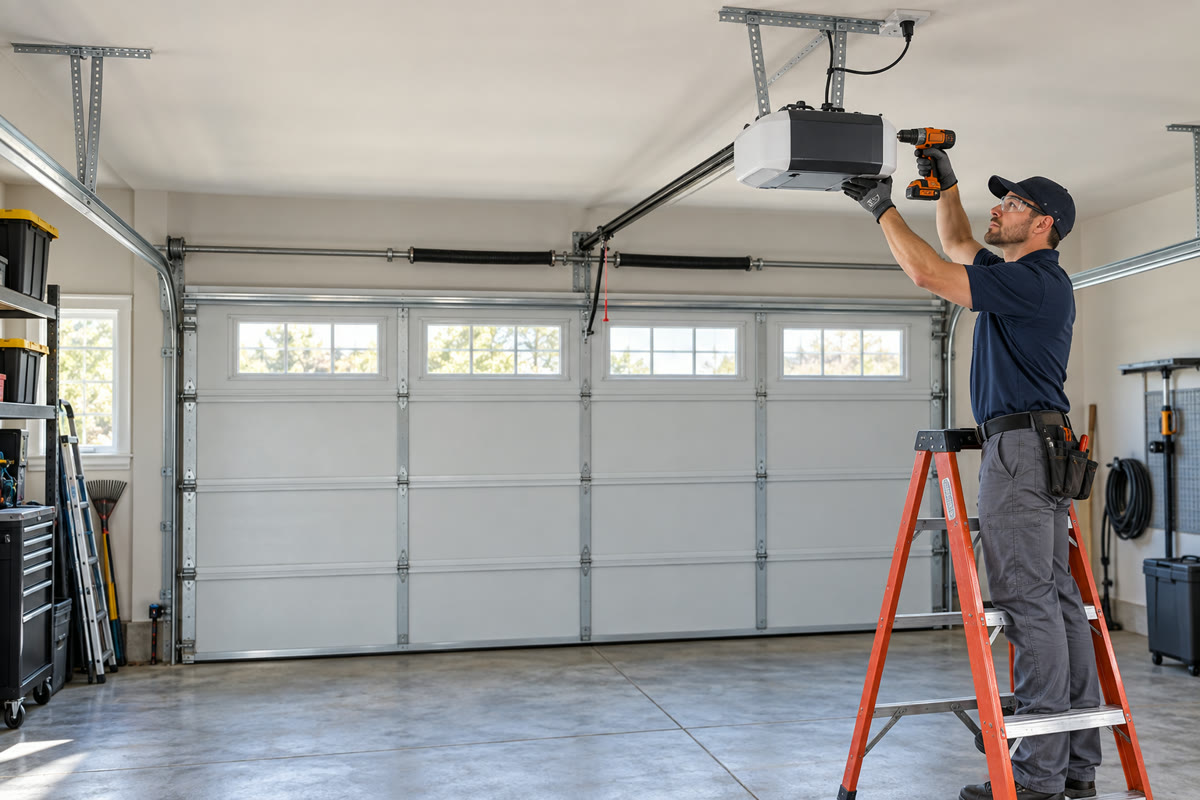 Representative ceiling-mounted garage door opener installation